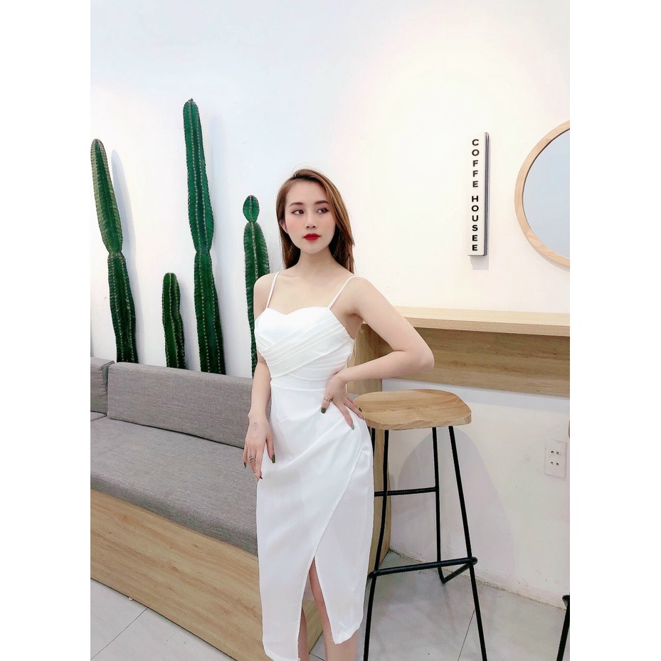 Váy body 2 dây ngực chéo xả tà cao chất lụa váy đầm dự tiệc sang chảnh