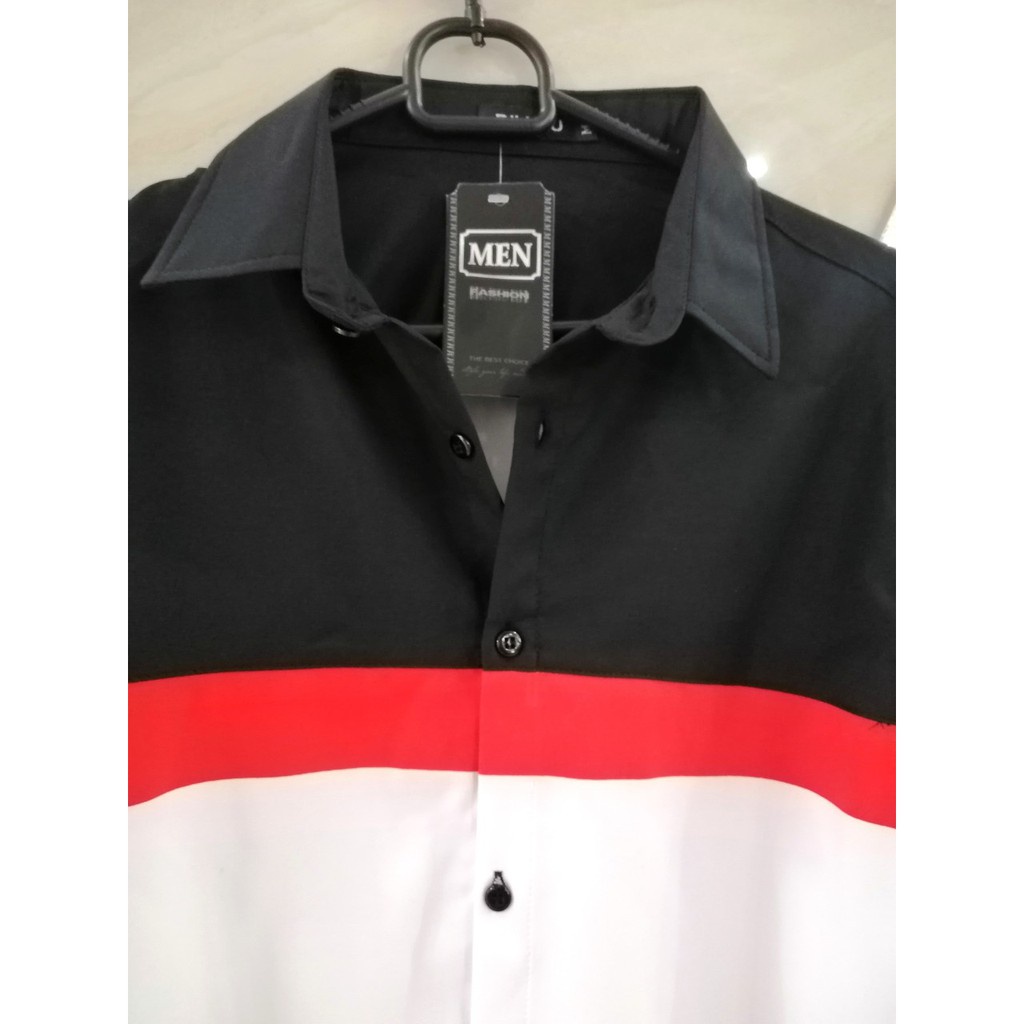 Áo sơ mi nam kiểu công sở cao cấp phối trắng đen đỏ tay dài chuẩn form Hàn Quốc vải lụa đẹp SMD04