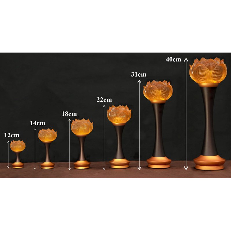 Đôi Đèn Thờ Hoa Sen Cửu Liên Nhựa Thủy Lưu Ly Thân Hợp Kim Màu Vàng, Cao 12-31cm - Đèn Hoa Sen Ban Thờ Đổi Màu