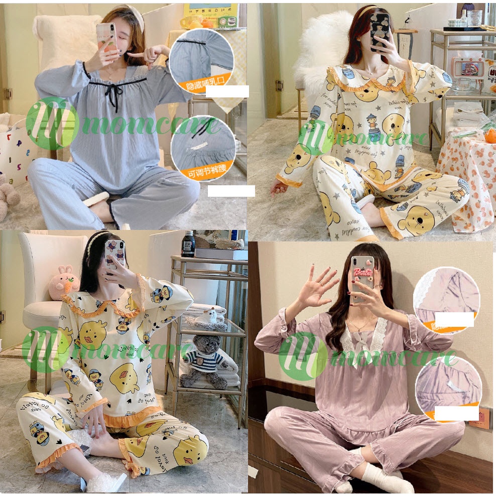 Bộ đồ bầu CỔ BÈO - Đồ sau sinh cho con bú ti dài tay, quần áo cho mẹ thời trang đẹp mặc nhà Cotton mùa hè giá rẻ Bigsize