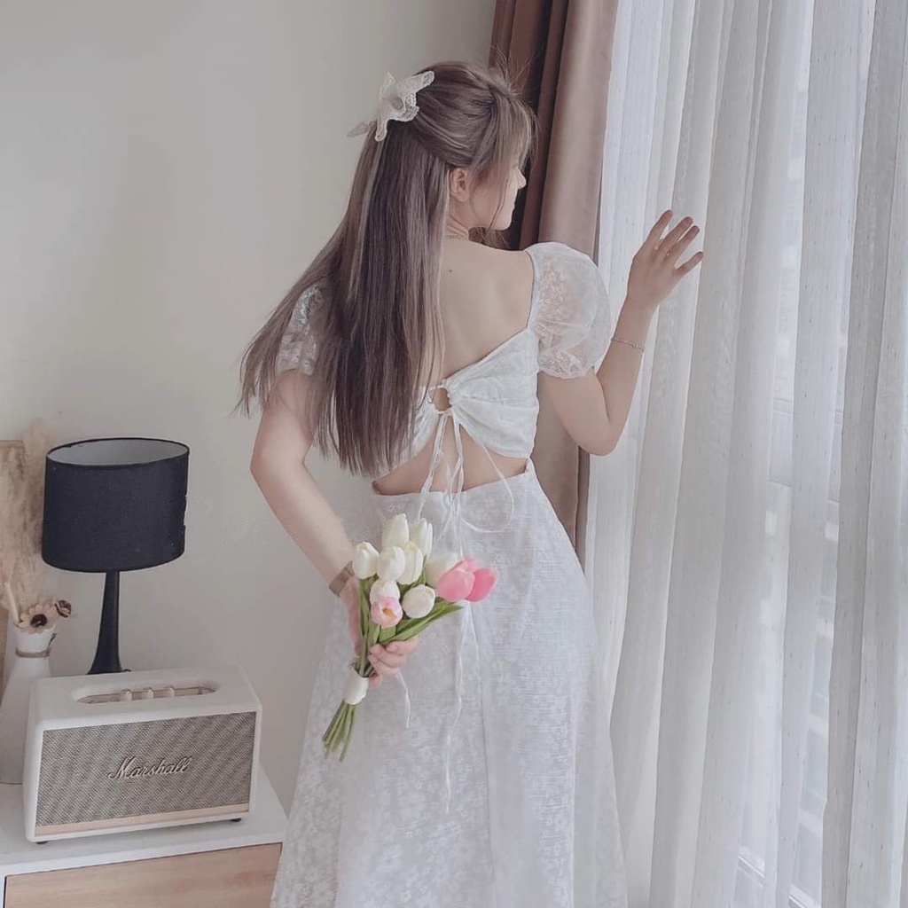 Đầm Cổ Vuông Tay Phồng Dự Tiệc Hở Lưng Vải Voan Hoa Bo Eo Mặc Dự Tiệc Thaingashop D0602