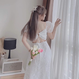 Đầm Cổ Vuông Tay Phồng Dự Tiệc Hở Lưng Vải Voan Hoa Bo Eo Mặc Dự Tiệc Thaingashop T0602