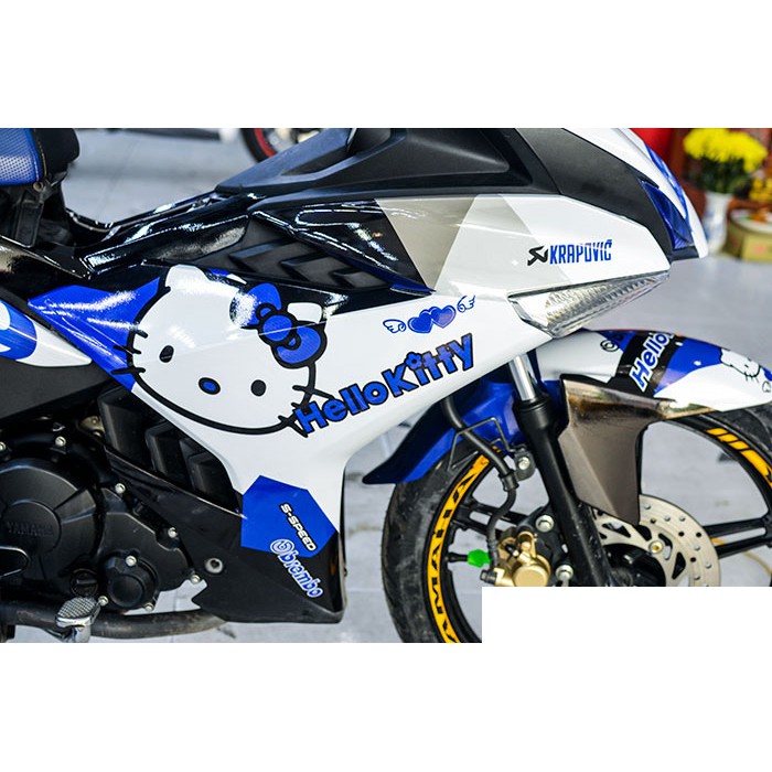 Tem trùm exciter 150 Xanh Trắng Hello Kitty mẫu mới, độ team trùm decal xe máy ex dán đời 2015-2020