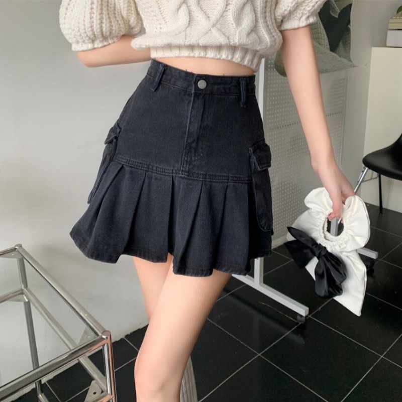 ZHELIHANGFEI Chân Váy Denim Chữ a Xếp Ly Lưng Cao Thời Trang Mùa Hè Cho Nữ