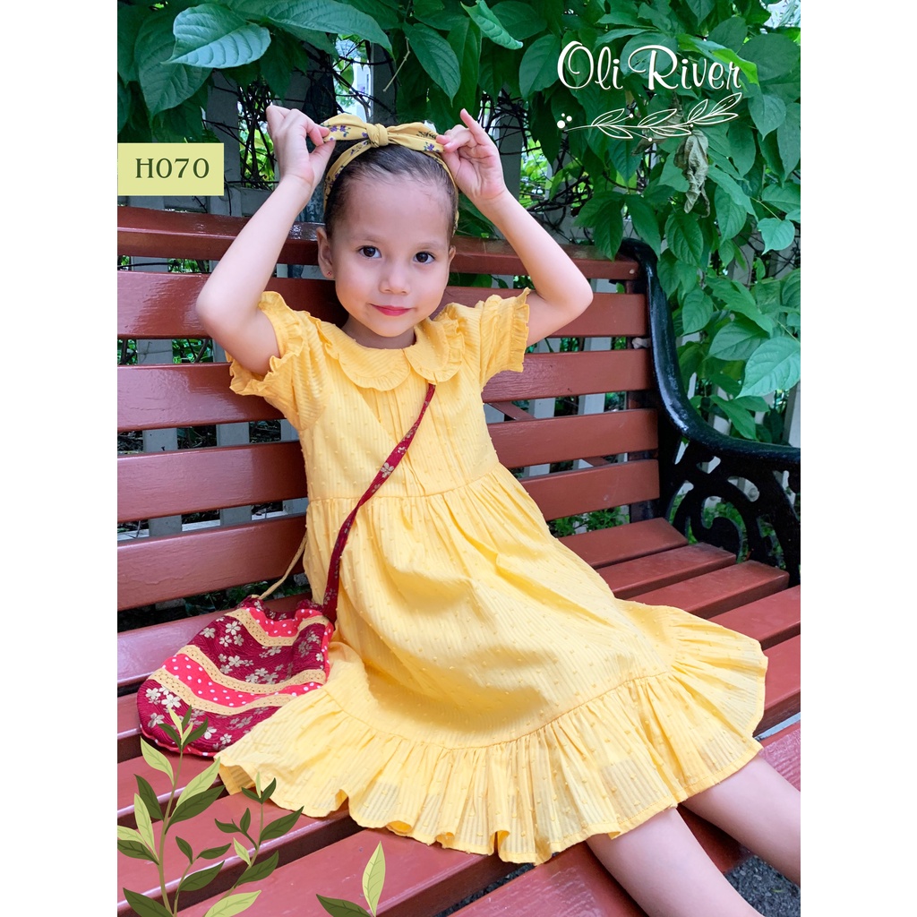 Váy đầm bé gái màu vàng hạt phối tay chun bé gái oli river H070