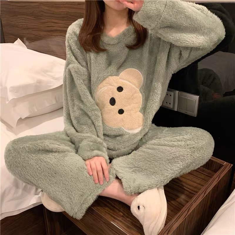 [44CAM] Bộ ngủ nữ dài tay cổ tròn mùa đông họa tiết gấu cute rộng rãi thoải vải nỉ bông ấm áp
