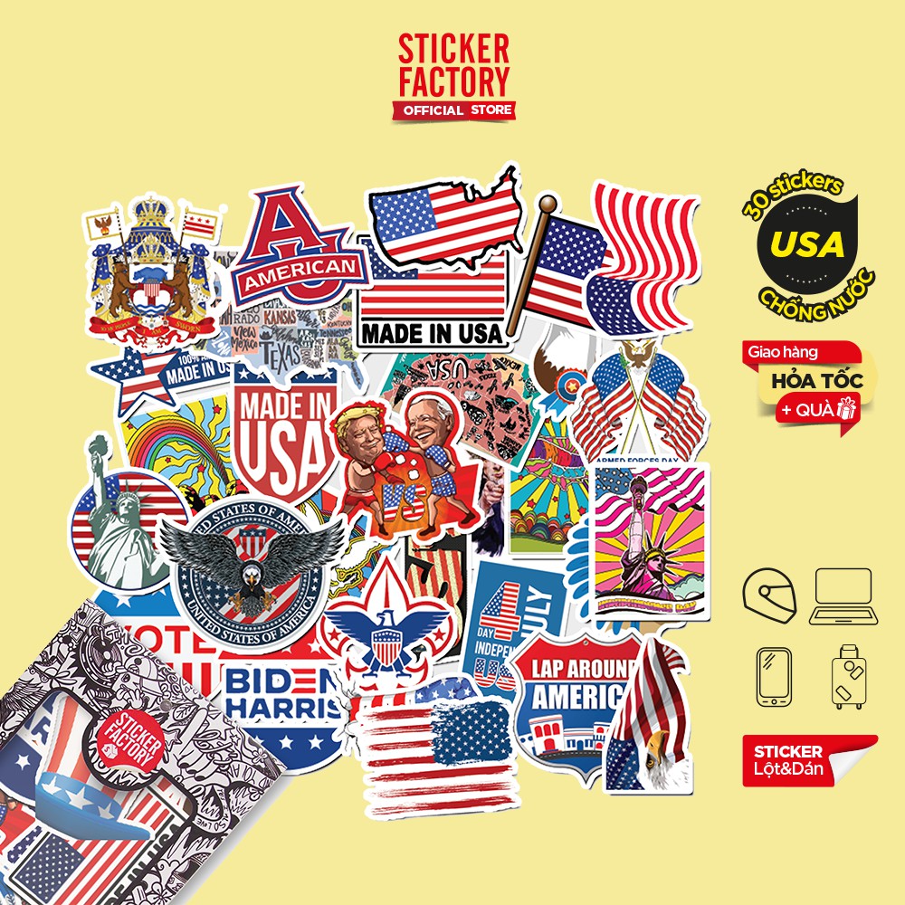 Hộp set 30 sticker decal hình dán nón bảo hiểm , laptop, xe máy, ô tô STICKER FACTORY - USA