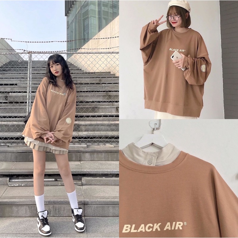 Áo Nỉ Form Rộng BLACK AIR Nữ [FREESHIP] 🌸 Sweater tay bồng oversize, hoodie in hình chữ cá tính Ulzzang 🌸