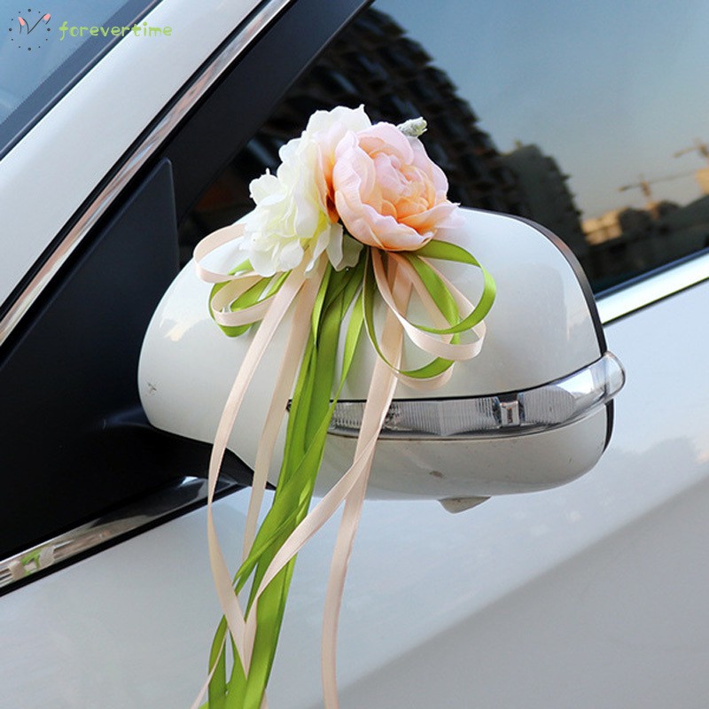 Bông hoa nhân tạo ruy băng lụa dành cho trang trí kính chiếu hậu xe hơi rước dâu/ tiệc cưới