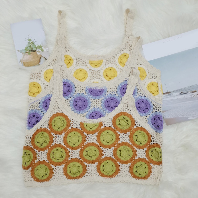 Brroa Áo Croptop Dệt Kim Không Tay Họa Tiết Hoa Tròn Màu Sắc Tương Phản Thời Trang Mùa Hè Cho Nữ