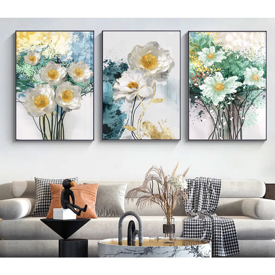 Bộ 3 tranh Hoa decor phòng 40x60cm chất liệu canvas, có quà tặng