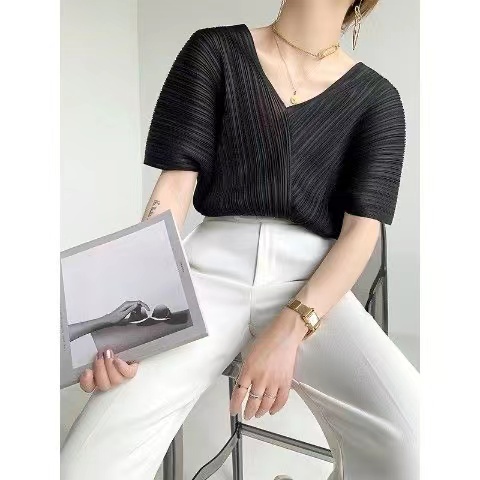 Áo Chiffon Tay Ngắn Cổ Chữ V Xếp Ly Dáng Rộng Phong Cách Hàn Quốc Dành Cho Nữ