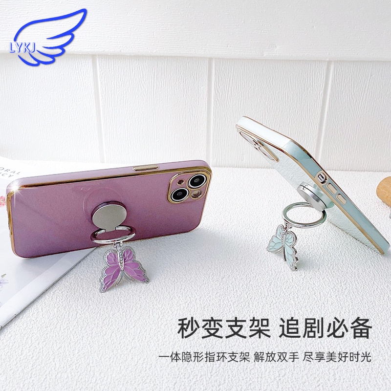 Ốp Điện Thoại tpu Mềm Mạ Điện Màu Trơn Gắn Hình Bướm Có Giá Đỡ Cho iPhone 13 12pro 11promax x xsmax xr 7plus 8plus