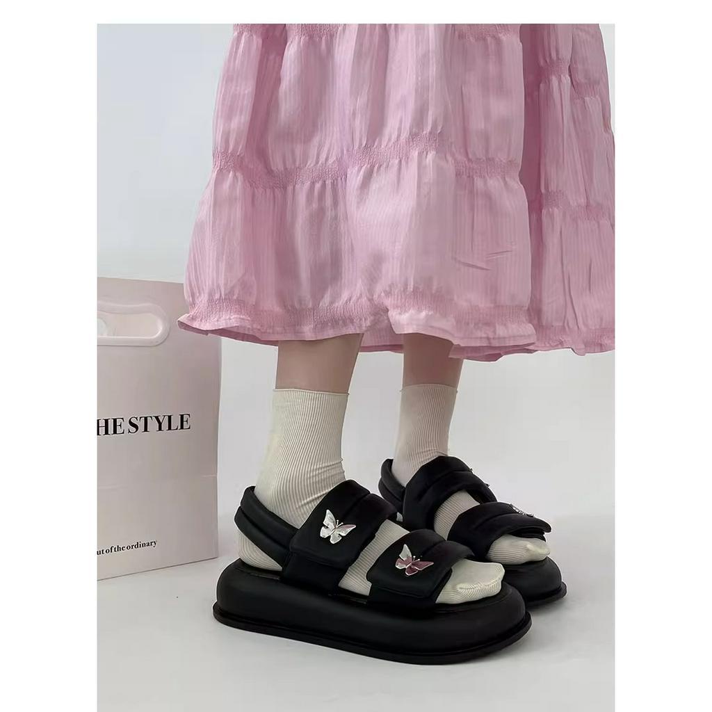 Giày Sandal Đế Dày Màu Đen Phong Cách Retro Mùa Hè 2023 Cho Nữ
