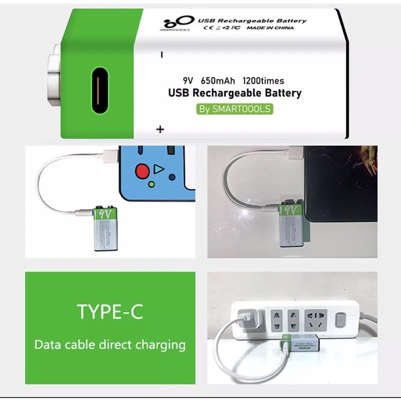 Pin A sạc 9V Lithium Battery cổng Type C, đồng hồ đo điện, tay cầm chơi game, đàn