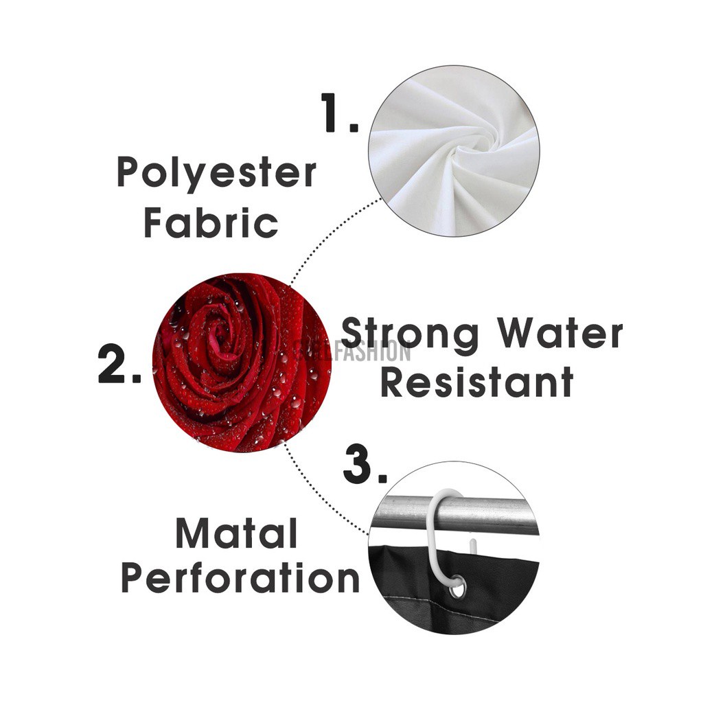 Red Rose Waterproof Polyester Shower Curtain Bathroom Toilet Seat Cover Mat Kit