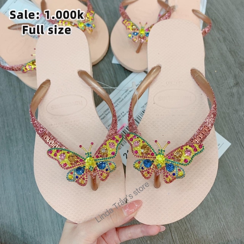 dép HVN kim tuyến hồng 22 mix charm bướm ngọc nữ 7 màu