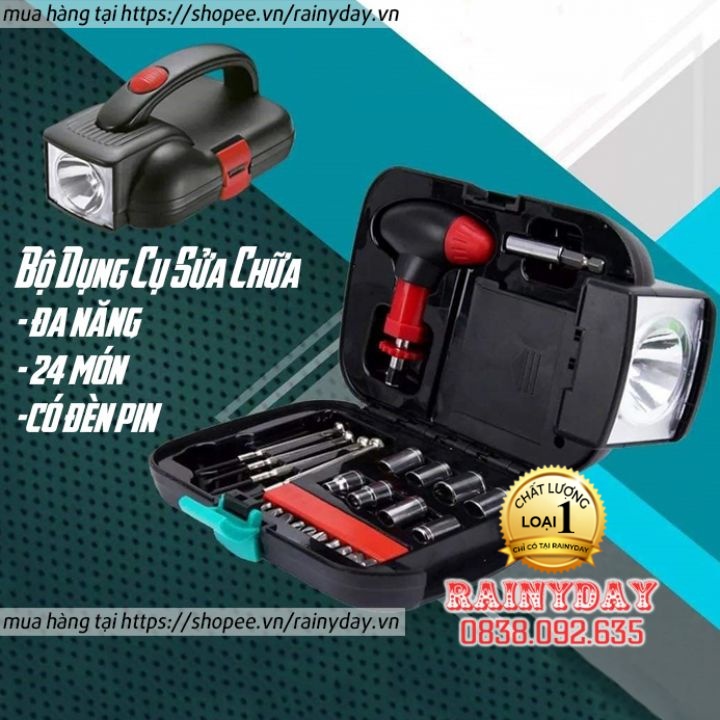 Bộ dụng cụ sửa chữa đa năng 24 món có đèn pin, bộ đồ nghề sửa chữa đa năng cho gia đình, xe máy