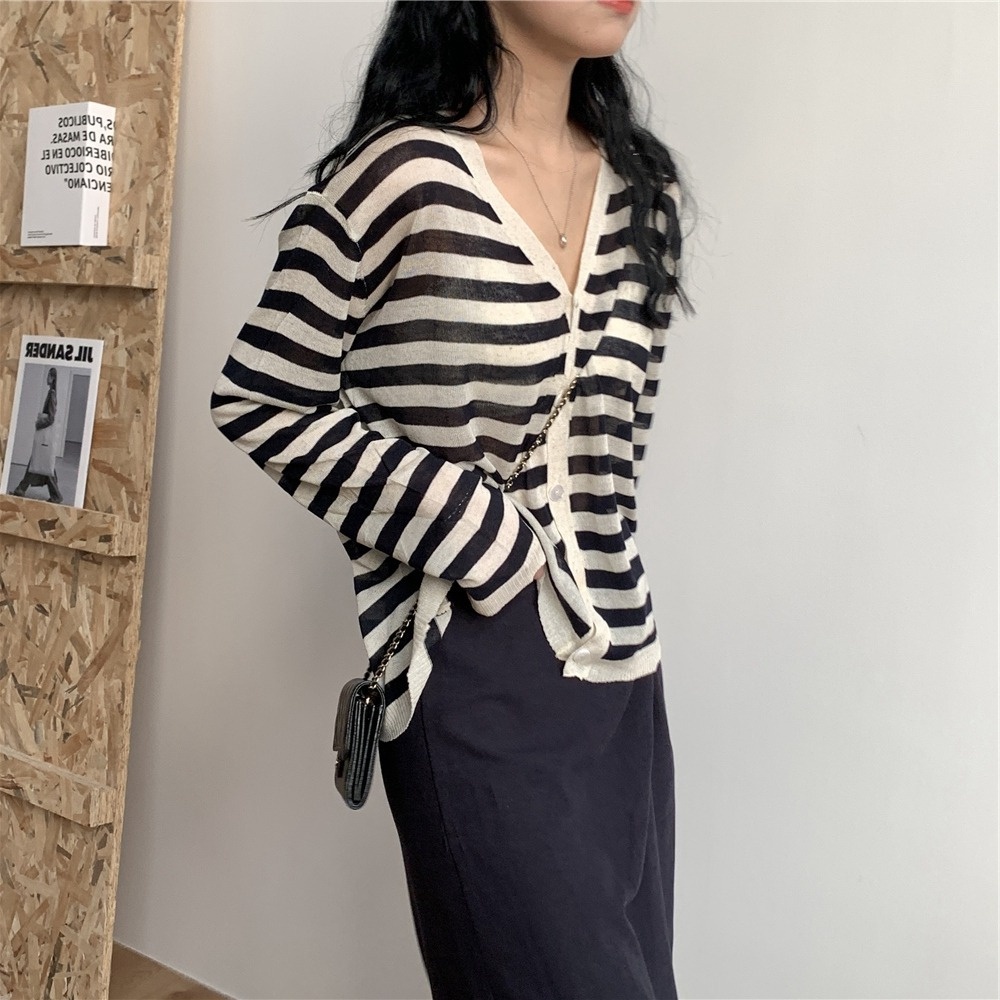 ZHELIHANGFEI Áo Cardigan Dệt Kim Tay Dài Dáng Rộng Kẻ Sọc Thời Trang Retro