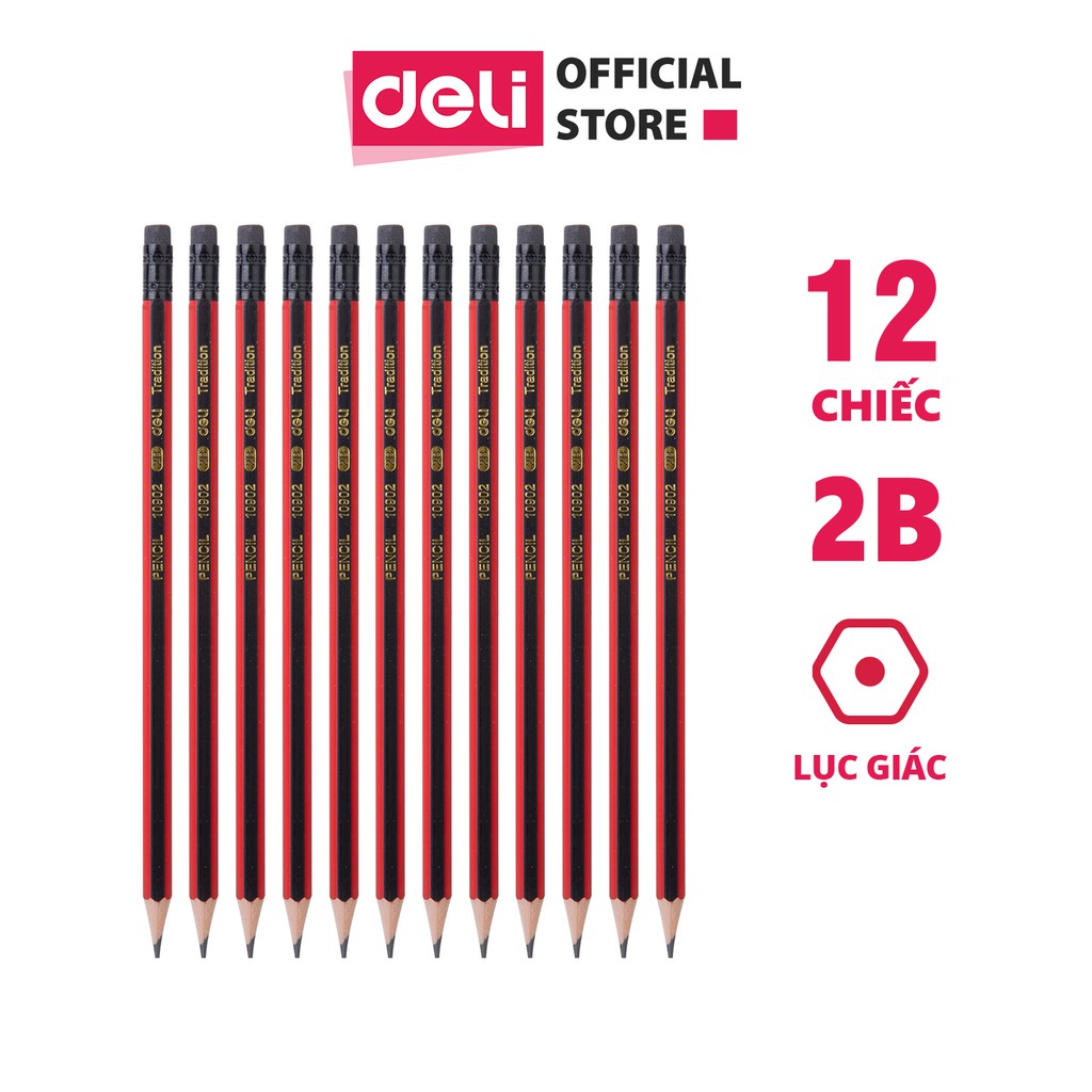 Hộp 12 bút chì 2B đầu tẩy Deli - thân bút lục giác dễ dàng cầm nắm phù hợp với học sinh, nhà trường, thi cử, văn phòng