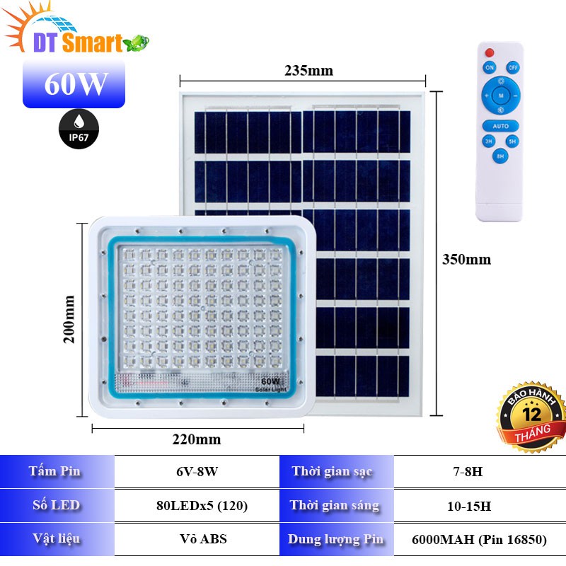 Đèn năng lượng mặt trời sân vườn 60w DT Smart, đèn pha năng lượng mặt trời dung lượng pin cao
