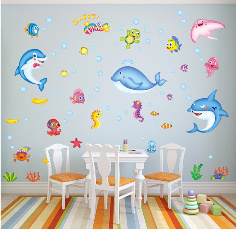 Tranh decal dán tường NHIỀU CÁ ĐẠI DƯƠNG LỚN cho bé - Decal dán tường