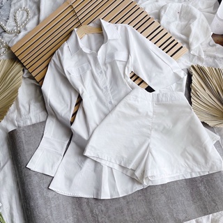 Set đầm sơ mi bo eo chân xếp li + quần short trắng