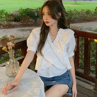 Áo kiểu tay phồng dáng ngắn phối bèo màu trắng tinh khiết thanh lịch sành điệu