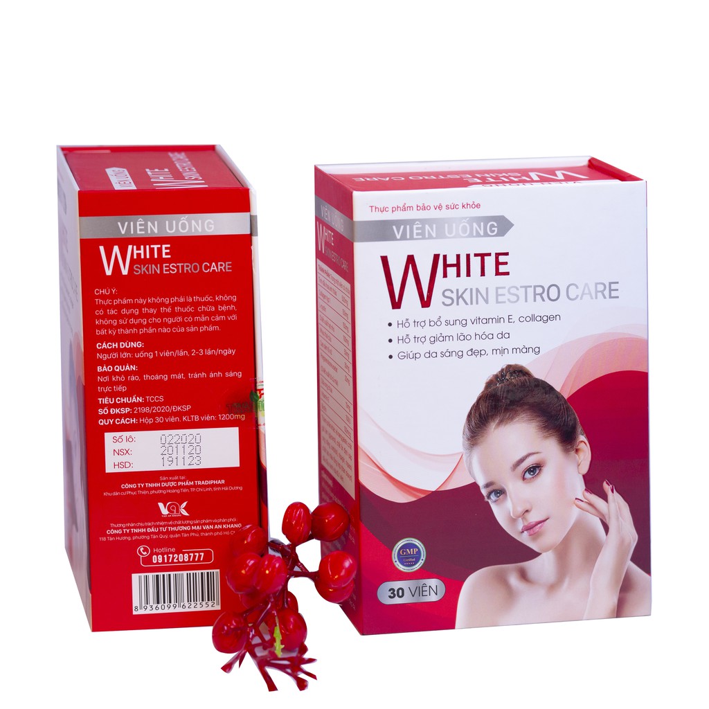 Viên uống trắng da White Skin Estro Care chống lão hóa dưỡng cấp ẩm nội tiết tố nữ Nubes