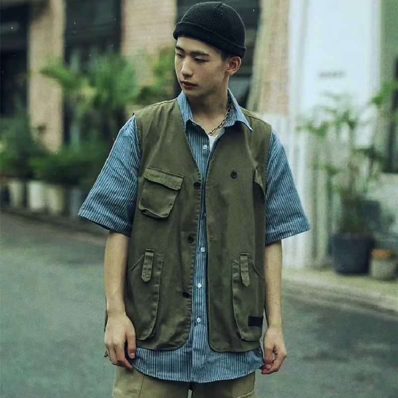 Áo Sơ Mi Không Tay Dáng Rộng Thoải Mái Nhiều Túi Phong Cách Hip Hop Đường Phố Nhật Bản Cho Nam [M-2XL]