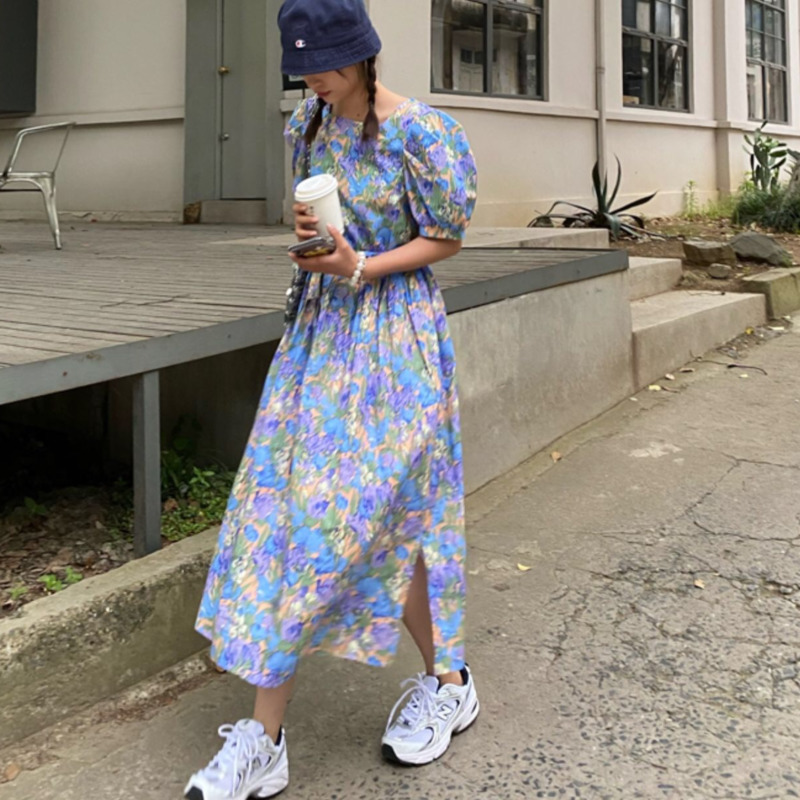 Đầm RENJIANVSHENG tay ngắn cổ vuông phong cách retro thời trang cho nữ
