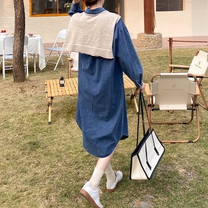 Váy sơ mi Jeans dáng dài, váy jean dài tay dáng rộng, mẫu mới A17