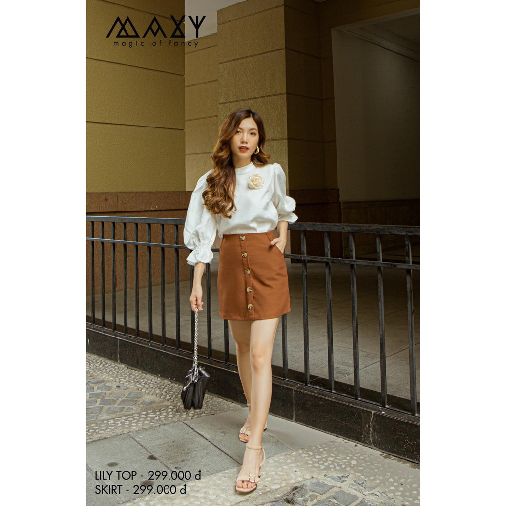 Quần váy màu nâu nút dọc browny button skirt Maxy Workshop