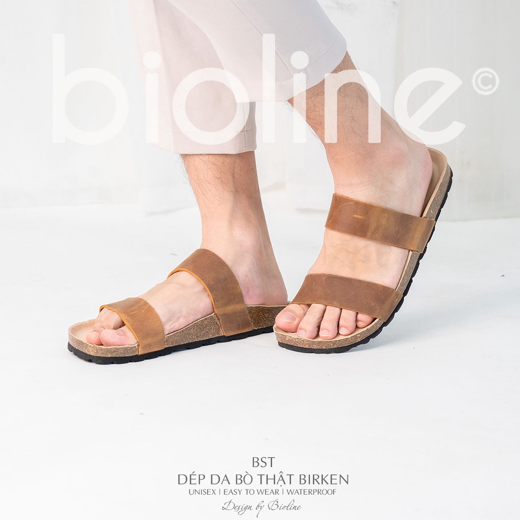 DK18-LÓT CHỐNG NƯỚC- Dép đế trấu Birken da bò thật nam nữ unisex quai ngang, dép công sở, dép da bò Bioline D18
