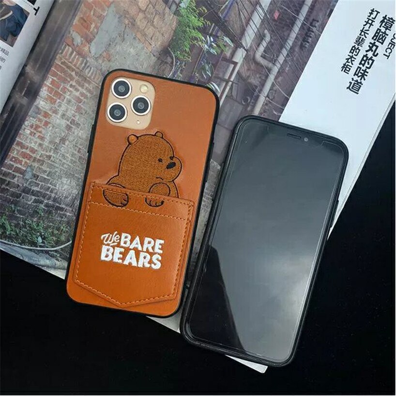 Ốp Điện Thoại Thêu Hình Gấu Có Ngăn Đựng Thẻ Cho iphone 13 pro max 11 12 14 xr xs x  7 8 plus