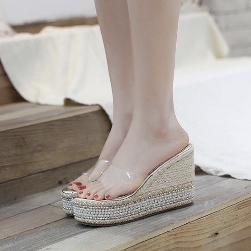 Dép đế xuồng viền đá đính ngọc sang chảnh 10.5 cm, hàng cao cấp