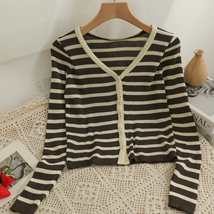 Áo cardigan SUXI dệt kim tay dài cổ chữ V hoạ tiết kẻ sọc phong cách cổ điển