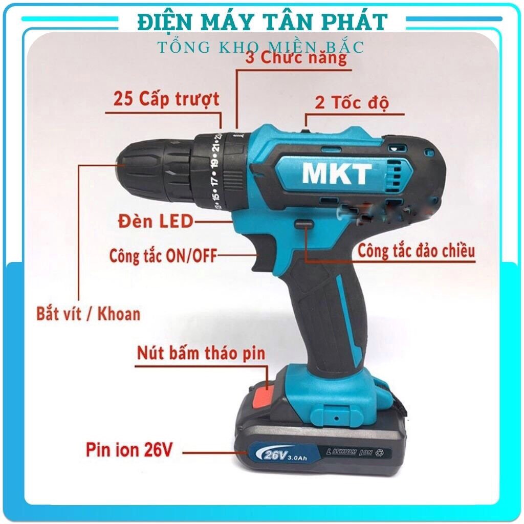Máy khoan pin bắn bắt vặn vít bu lông mini cầm tay không chổi than Makita 26V chính hãng đa năng giá rẻ