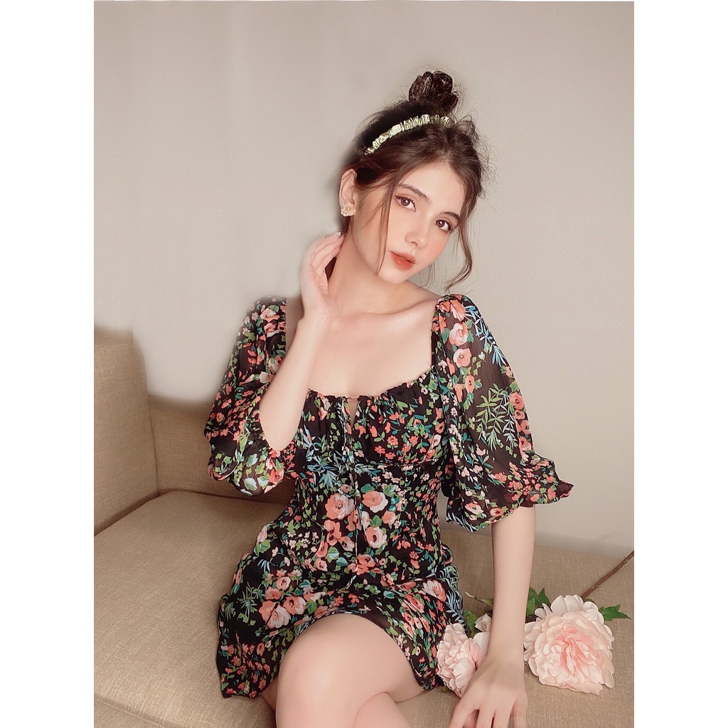 Đầm Cổ U Tay Phồng Hoạ Tiết Hoa - EDINI - D1498