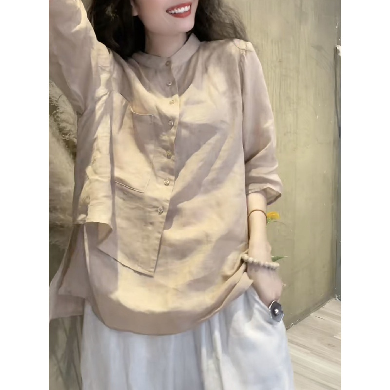 Áo Sơ Mi Vải Lanh Cotton Mỏng Dáng Rộng Tay Lỡ 2 Thiết Kế Kiểu Retro Cho Nữ