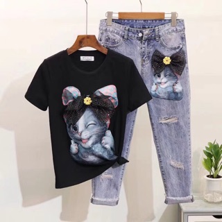 Set áo phông mèo nơ quần bò hàng Qccc