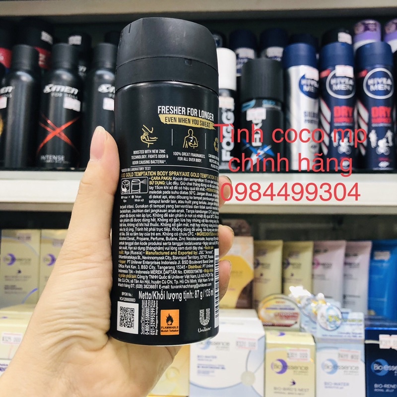 Xịt khử mùi AXE Gold Temptation,xịt ngăn mùi nam giới,hương gỗ ngọt đậm,thơm lâu,chai 135ml màu vàng