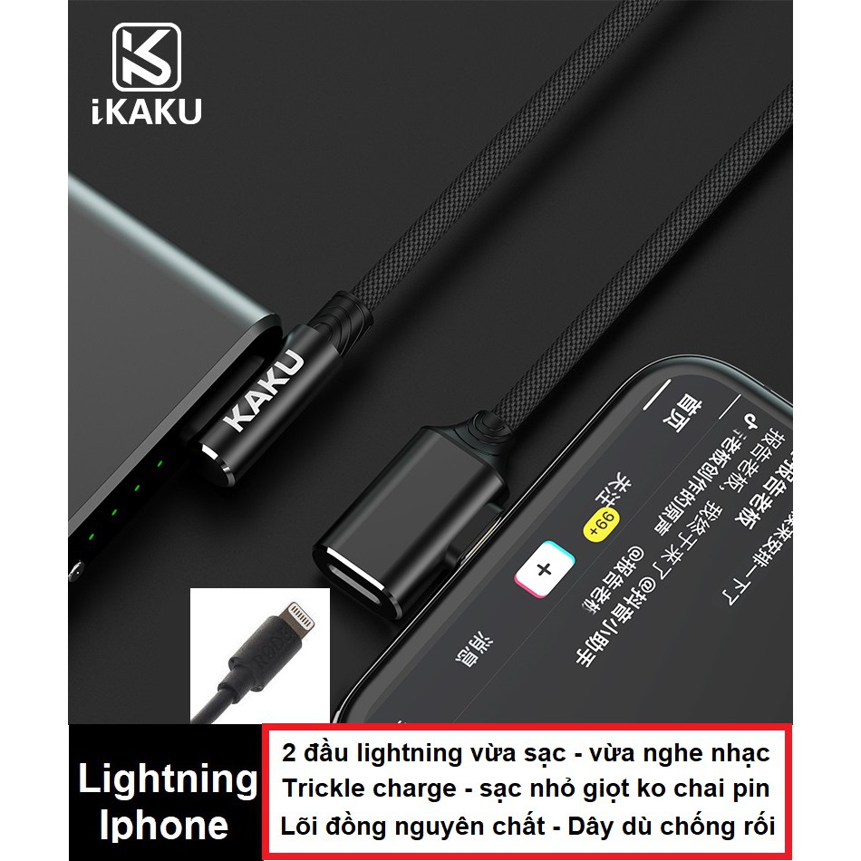 Cáp sạc iphone lightning 2 in 1 KAKU vừa sạc vừa nghe nhạc có thể đàm thoại - Sạc thông minh - Chống rối - Chống đứt