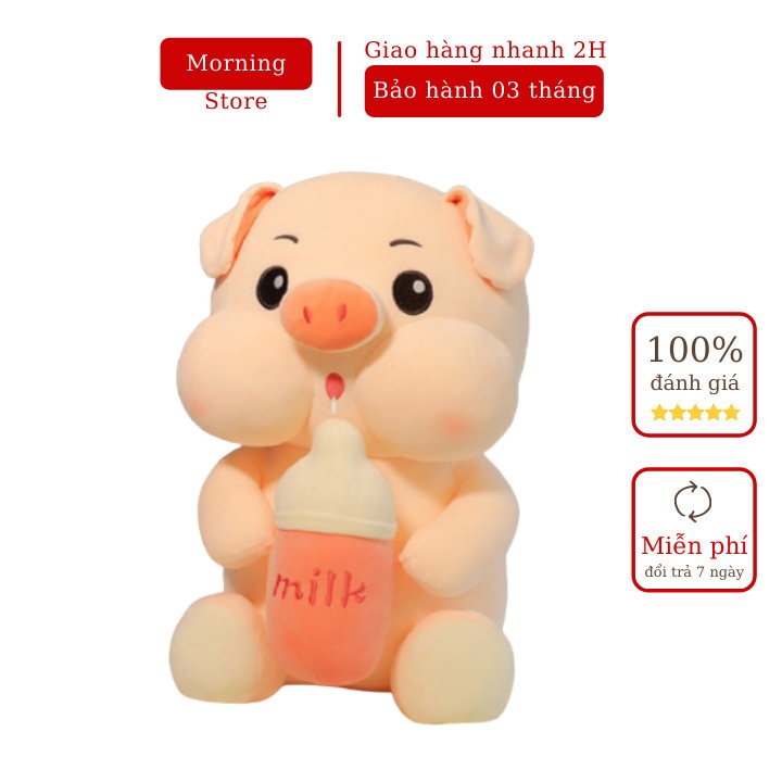 Gấu nhồi bông heo hồng ôm bình sữa siêu cute làm gối ôm đi ngủ, làm quà tặng - Morning store