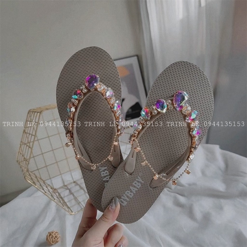 Dép Xỏ Ngón Nữ Đính Đá QC Cao 2cm Đế Cao Su Cao Cấp Êm Mềm Hot Trend TRINH LÊ SHOP GIÀY DÉP HTB66