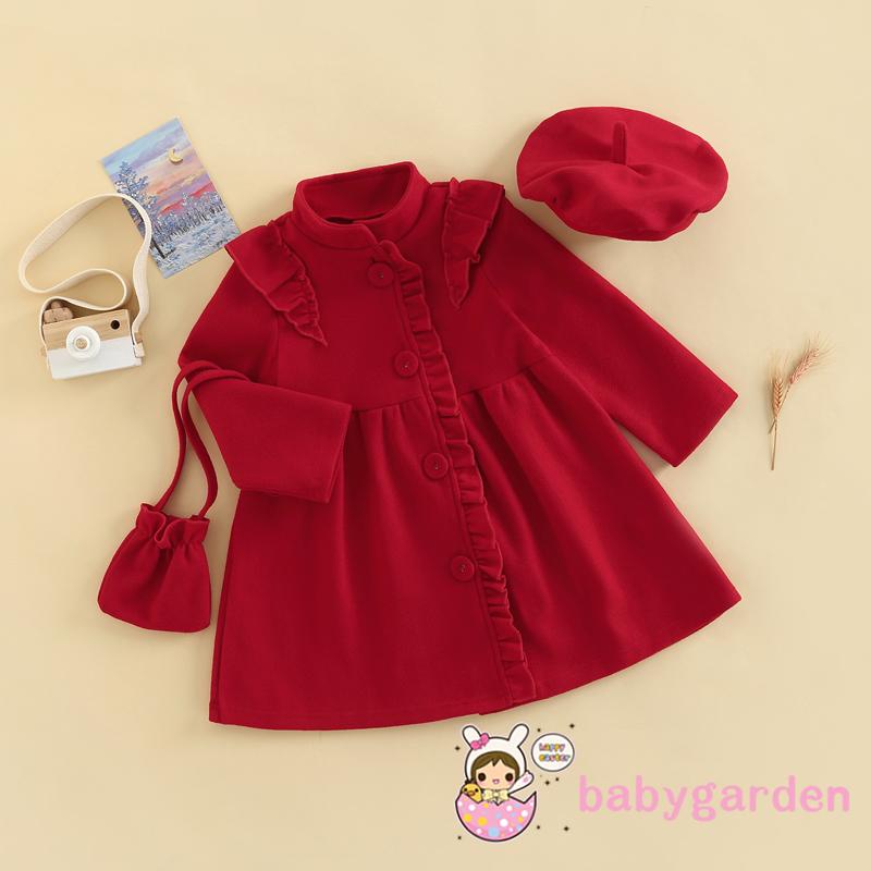 Set Đầm Cổ Tròn Tay Dài Phối Bèo + Nón Cho Bé Gái 3-7 Tuổi