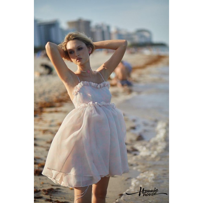 Hannie-Women Backless Solid Ruffled Sling Summer Seaside Resort Mesh Dress