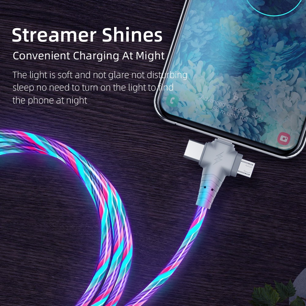 Cáp usb 3in1 Flow Luminous Lighting cho Samsung 3 trong 1 2in1 LED Micro USB Type C 8Pin Dây sạc cho iPhone Huawei Xiaomi