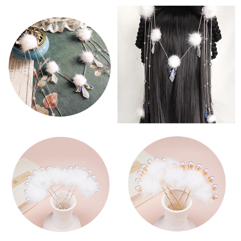 Trâm Cài Tóc Đính Ngọc Trai Phối Lông Tua Rua Phong Cách Trung Hoa Cổ Điển