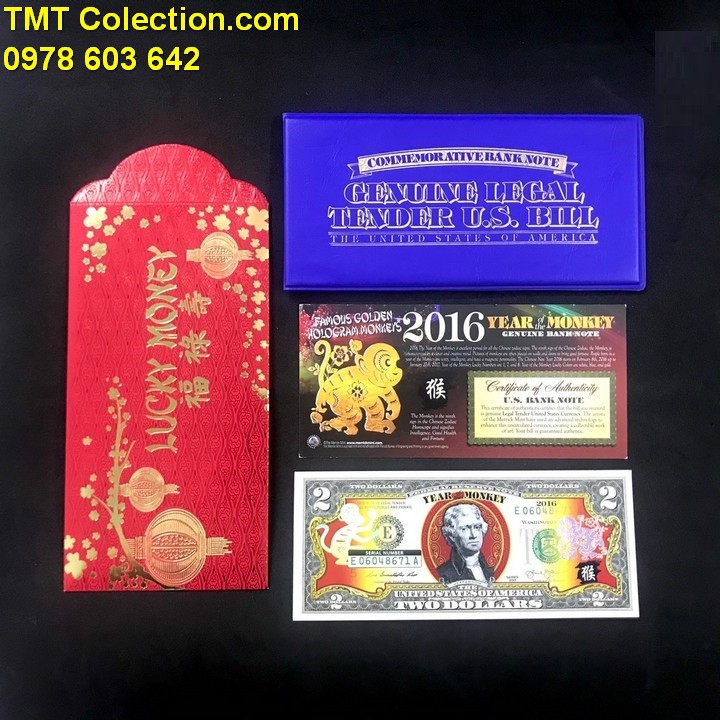 Quà kỷ niệm 2 USD con Khỉ 2016, in hình chú Khỉ mạ vàng bằng lớp keo vàng phản quang - TLX063